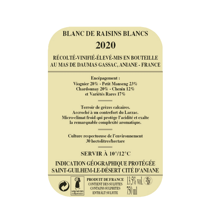 Mas de Daumas ligne Gassac LANGUEDOC, Vin blanc en 2020